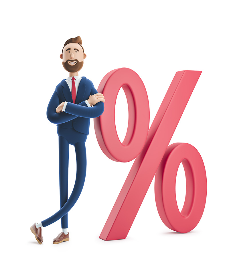 spw_finances_05.jpg (3d illustration. Businessman Billy and big percent icon. Concept business interest rate.)