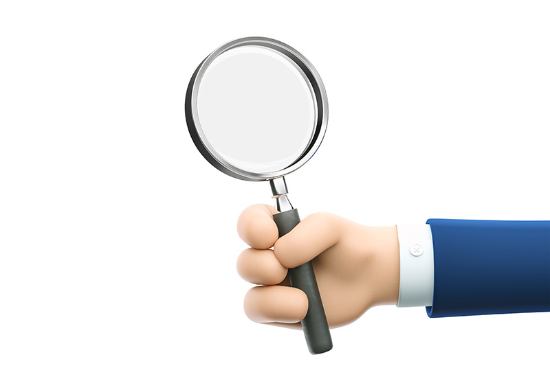 spw_finances_14.jpg (3d illustration. Cartoon businessman character hand holding a magnifying glass. Inspection, exploration, zoom, scrutiny, audit, analysis concepts.)