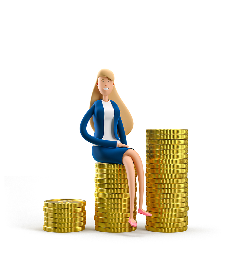 budget-illu-spw-finances.jpg (Young business woman Emma she is sitting on a stack of coins. Concept of business growth, leadership. 3d illustration)