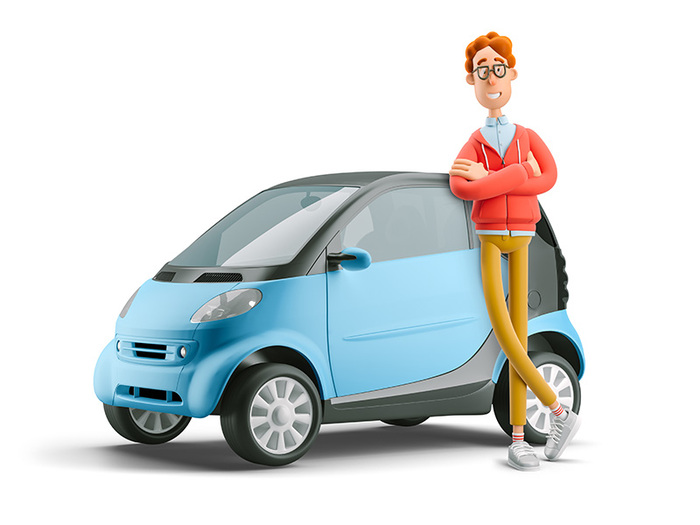 taxe-sur-les-voitures-et-les-voiture-hybride-1 (3d illustration. Nerd Larry with smart car. Car sharing concept.)